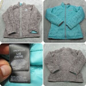 The North Face Jacket Youth Large Gray Aqua Reversible Insulated Full Zip Puffer